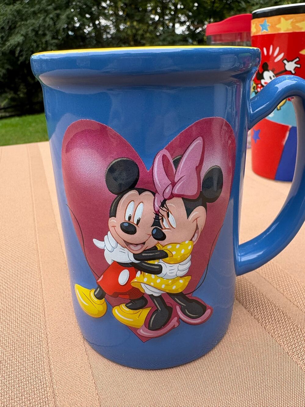 Disney Mickey Minnie Mouse Hug Ceramic Mug Monogram International Blue Yellow 5”
